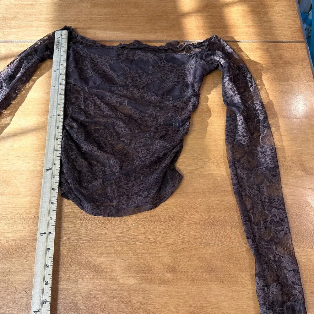 Brown Sheer Monochromatic Floral Lace Off The‎ Shoulder Ruched Long Sleeve Top S